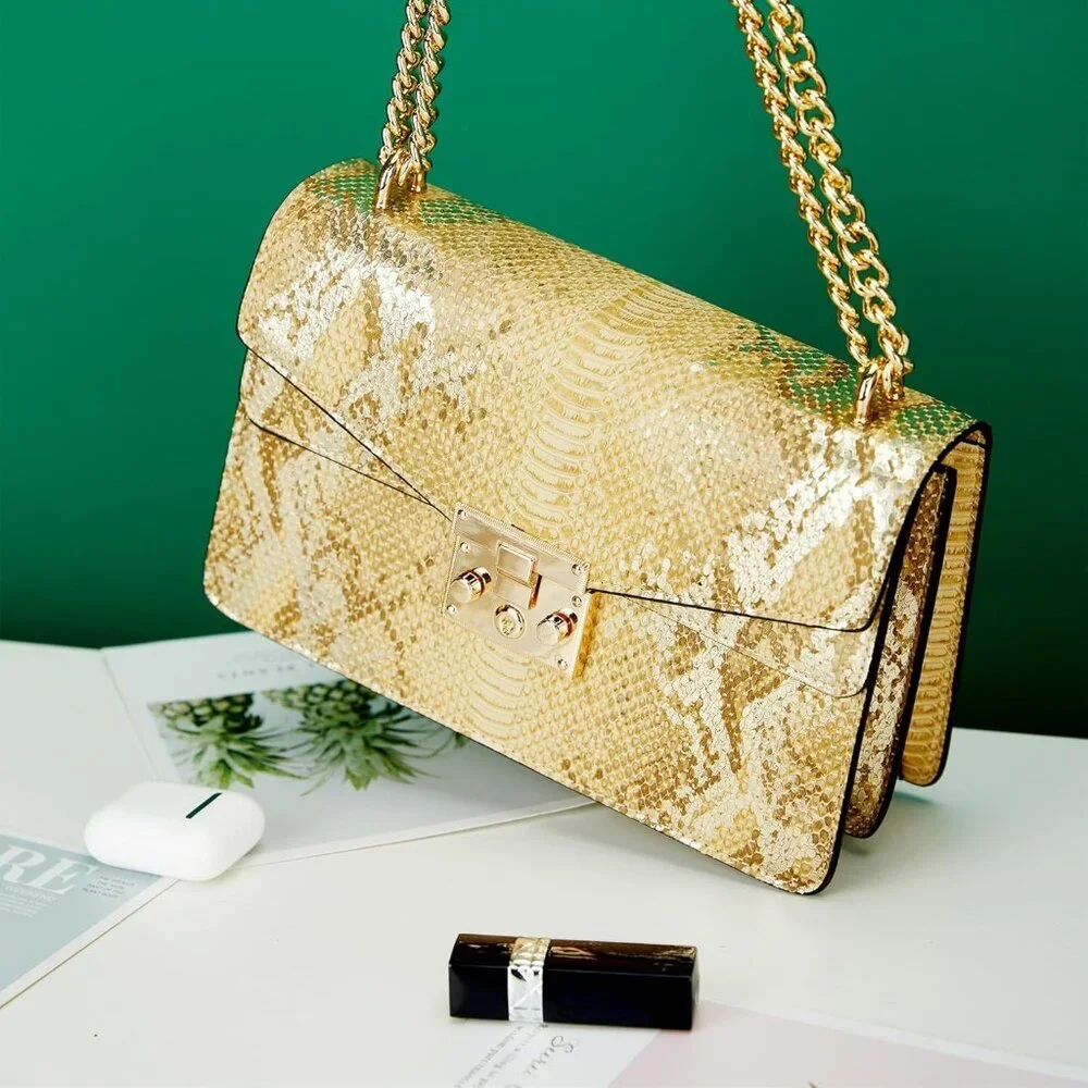 ⚡ Women's Fashion Snake Gold Vegan Leather Print Casual Satchel Crossbody Bag